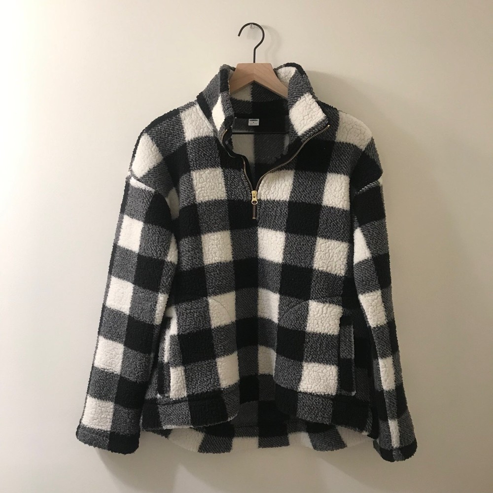 Old Navy Buffalo Plaid Half Zip Sherpa Pullover Sweater - Medium